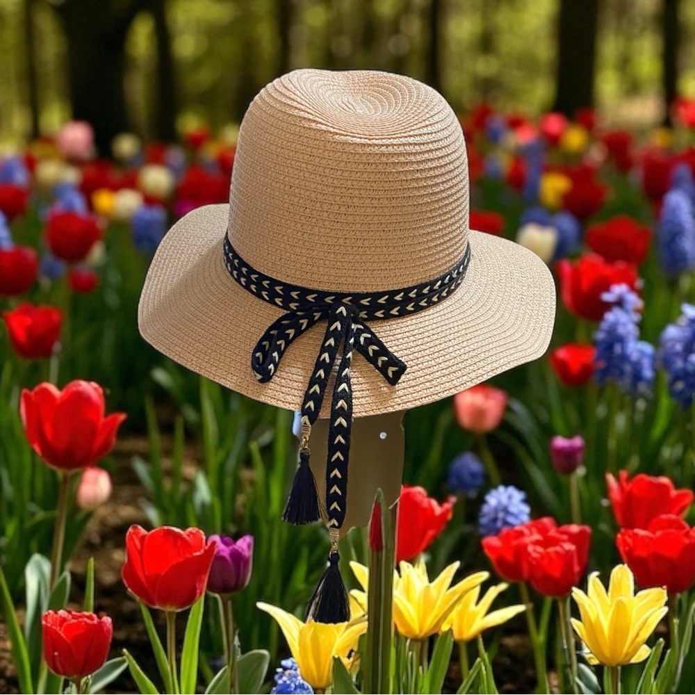 Stylish Tan Sun Hat with Black Ribbon